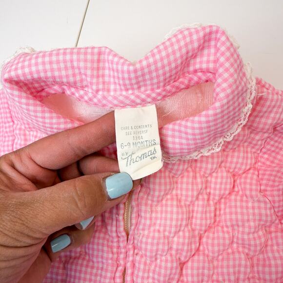 Vintage 80s Thomas Girls Quilted Gingham Pink Footless Bodysuit - 6-9 Months - Picture 6 of 13